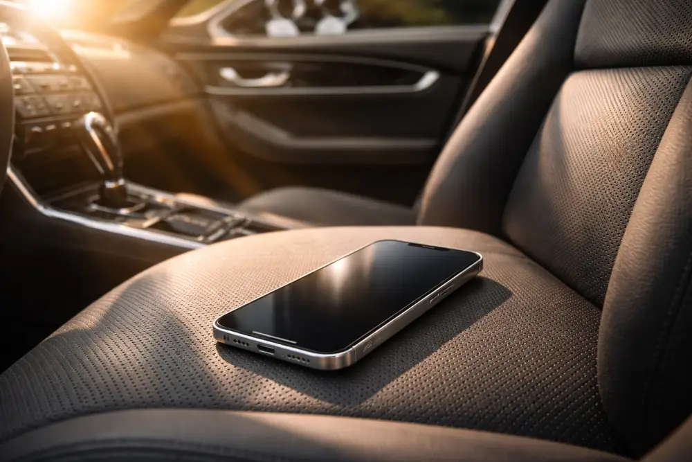 هاتف موضوع داخل سيارة تحت الشمس في يوم حار